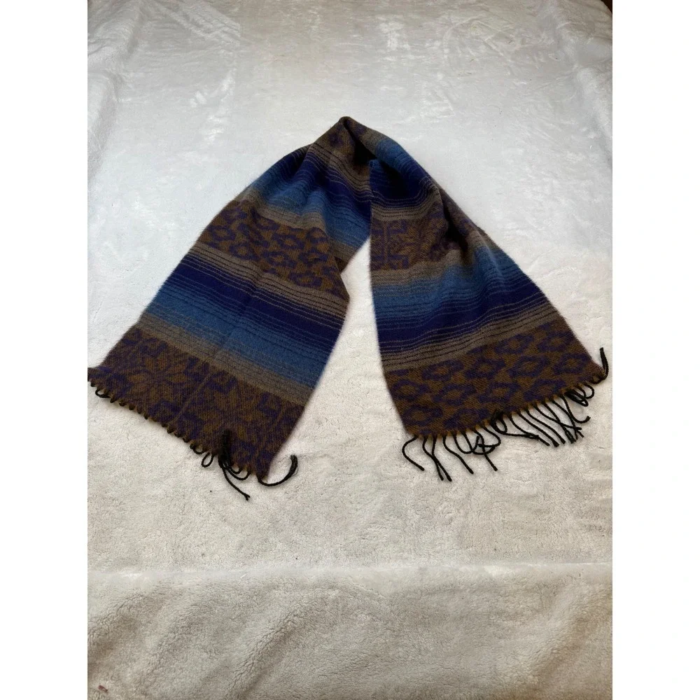 Striped Geometric Pattern Scarf Made in‎ Italy Acrylic Blue Brown Fringed